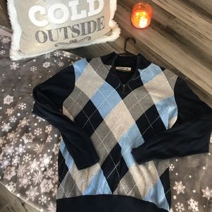 Men’s Argyle Sweater in Navy and Baby Blue Medium